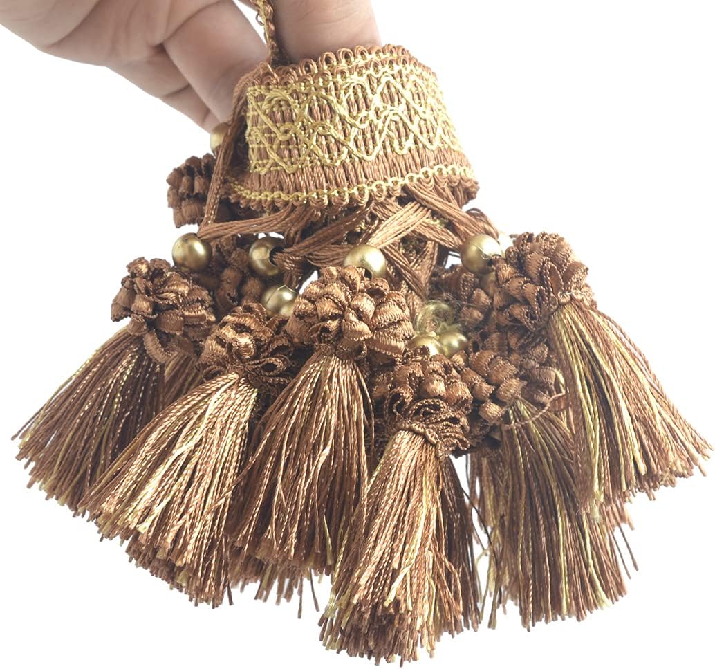 Fringe Tassel Lace Trim 12.5 Yards Braided Hanging Beads Handwork DIY Craft Sewing Accessory Lace for Home Curtain Table Decoration (Dark Coffee with Yellow)