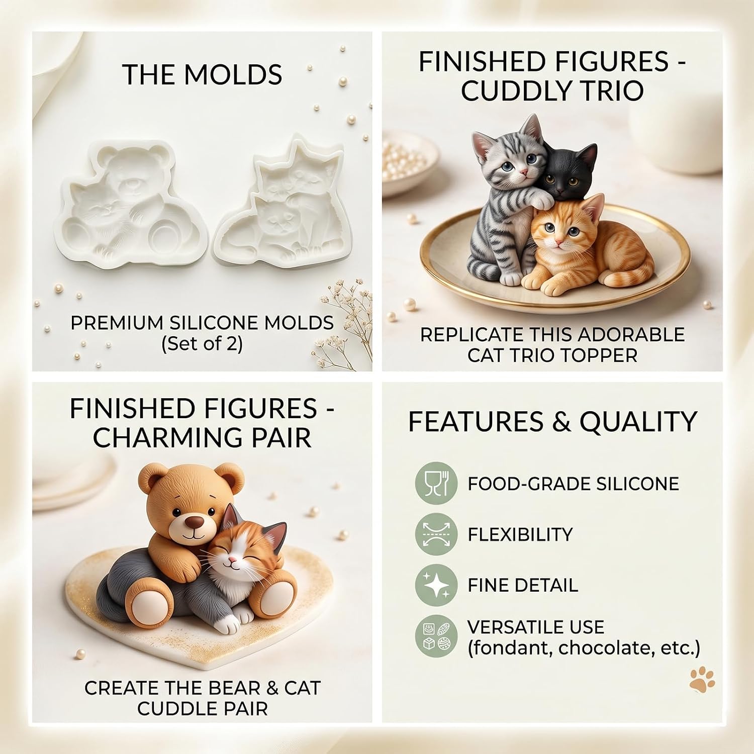 2Pcs Cats Teddy Bear Fondant Silicone Molds for DIY Cake Decorating image 3