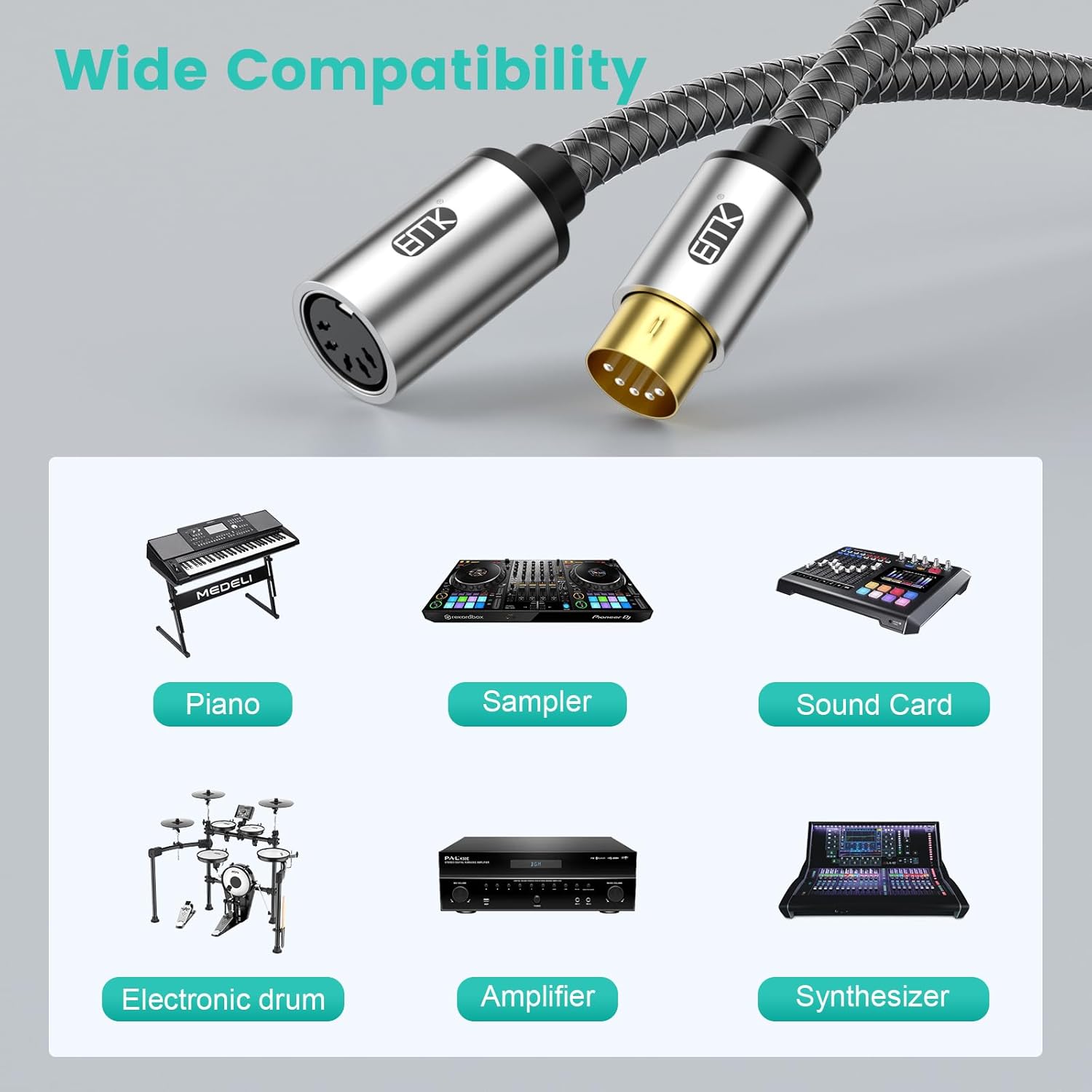 EMK 5ピン DIN MIDI 延長ケーブル - オス-メスアダプター キーボード、シンセサイザー、ピアノ、ギター用 - 2Mオー