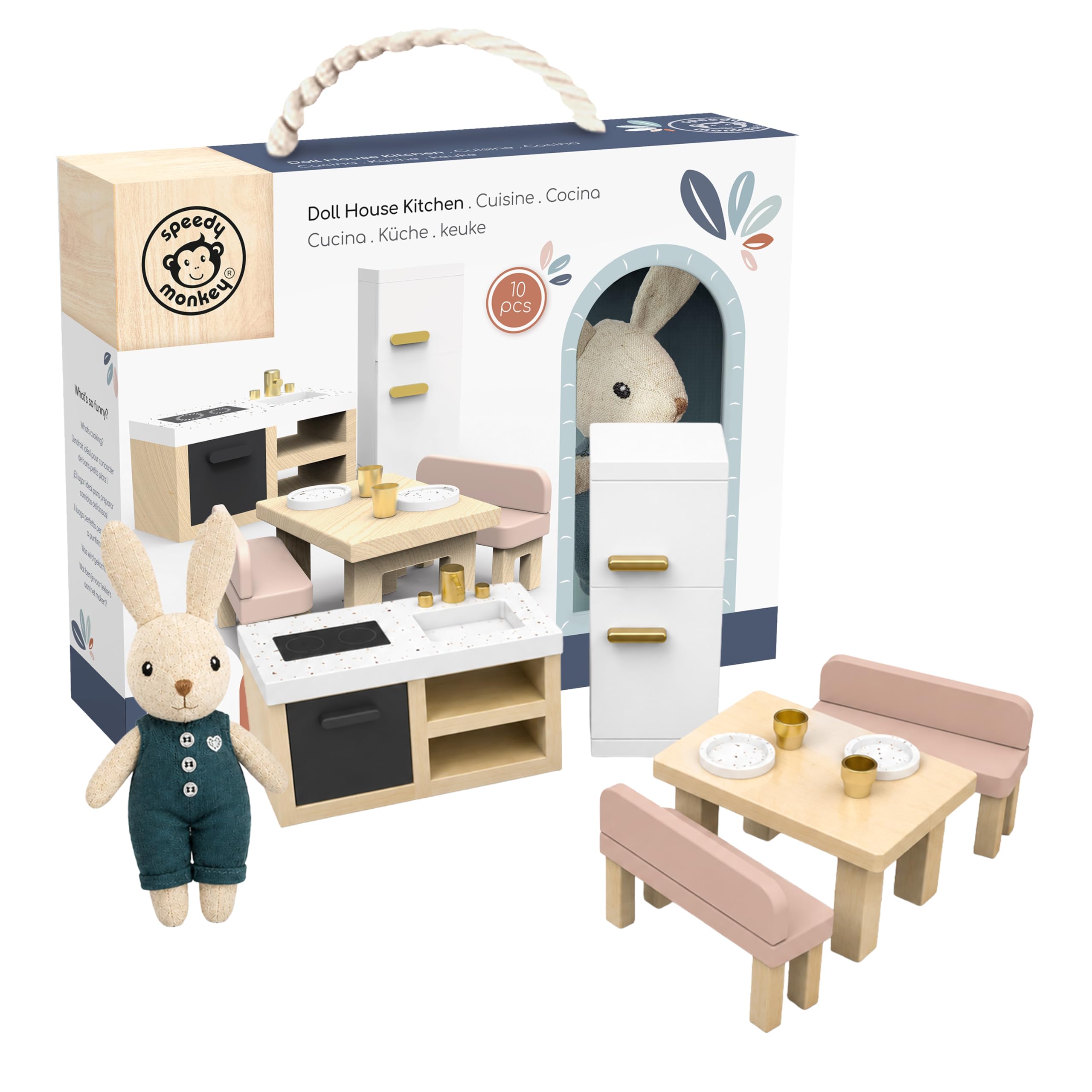 SPEEDY MONKEY Doll House Kitchen Playset with Bunny – Miniature FSC Wooden Kitchen Furniture Set – Dining Table, 4 Chairs, Fridge & Accessories – Pretend Play Doll House Decor Toy for Girls Boys