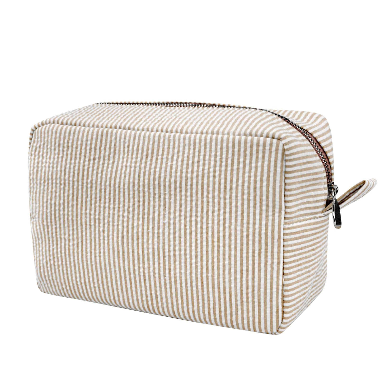 GFU Cosmetic Bags for Women, Seersucker Cosmetic Bag, Travel Toiletry Stripe Makeup Bag, Large Women Aesthetic Organizer Storage Pouch, Girls Handbags Purses, brown