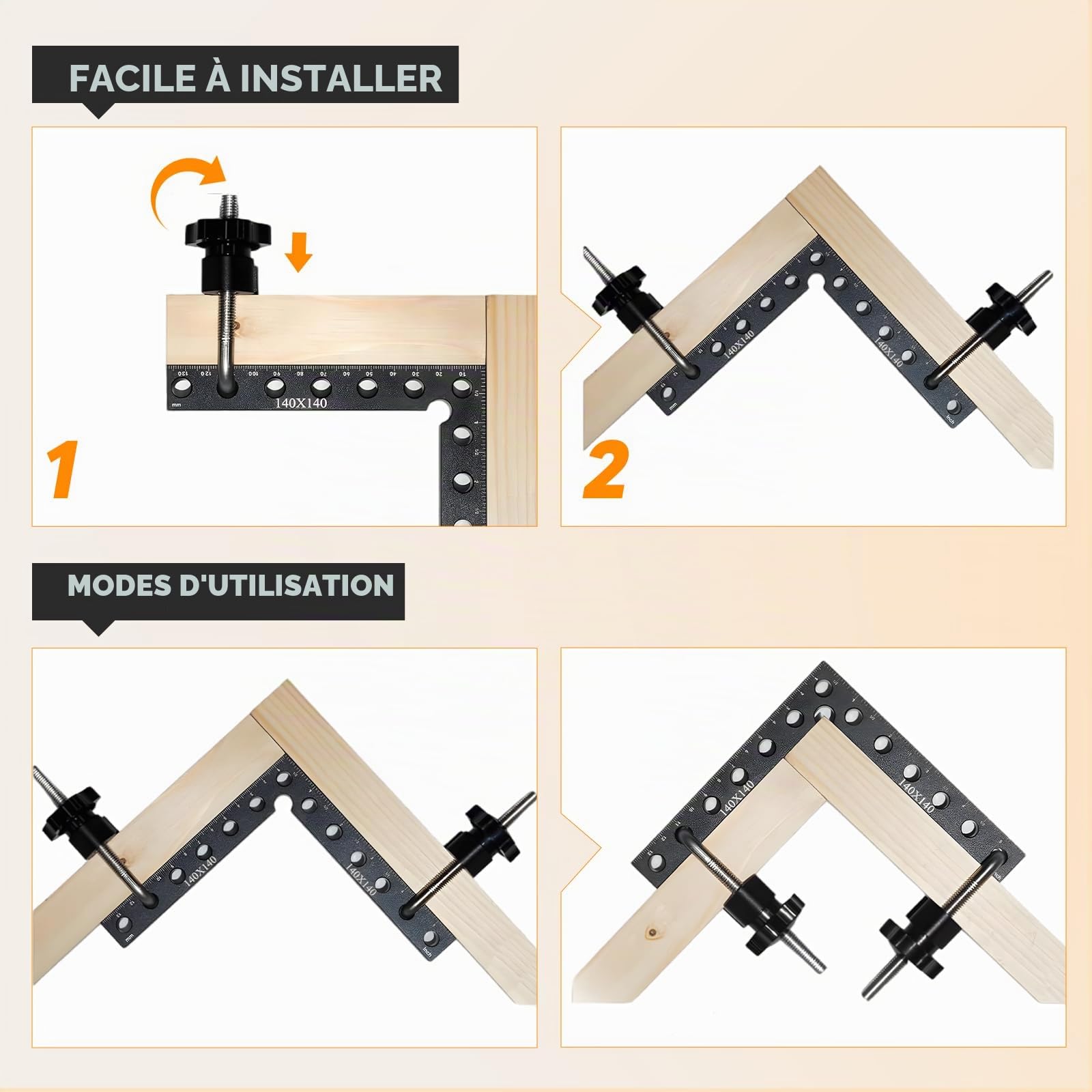 Set de 4 Serre Joint Angle 90° en Aluminium, Équerre Menuisier Précis pour Assemblage à Angle Droit, Outillage Bois pour Möbel, Cadres, Bricolage et Charpente - Noir