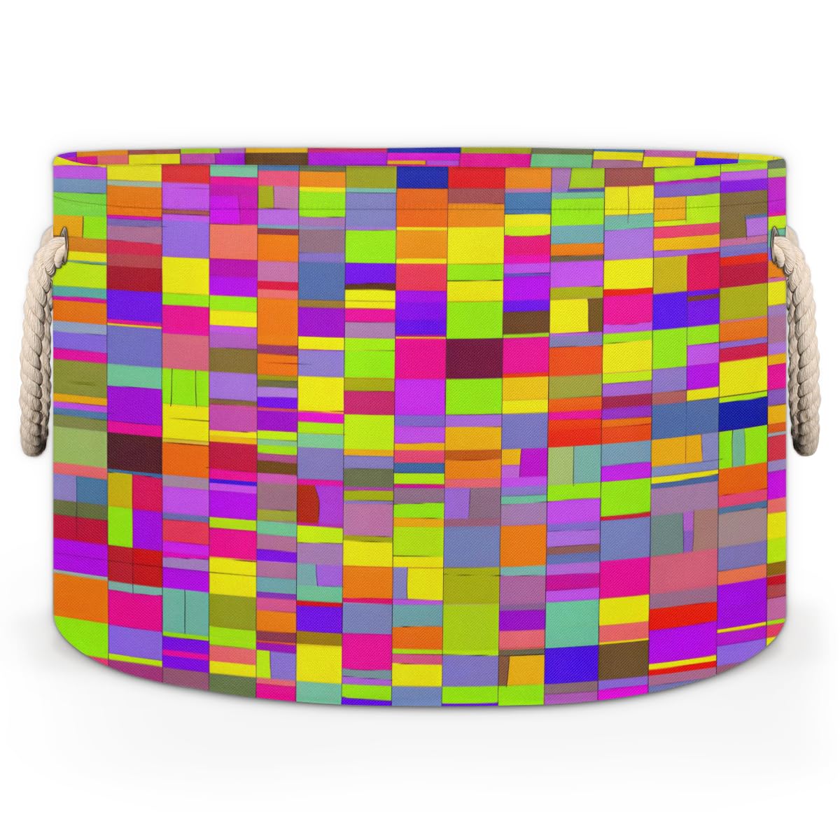 Colorful Block Texture Round Baby Gift Baskets,Geometric Style Round Decorative Storage Box Canvas Fabric Organizer with Handles,Baskets Bin for Home Shelves Closet Nursery Gifts