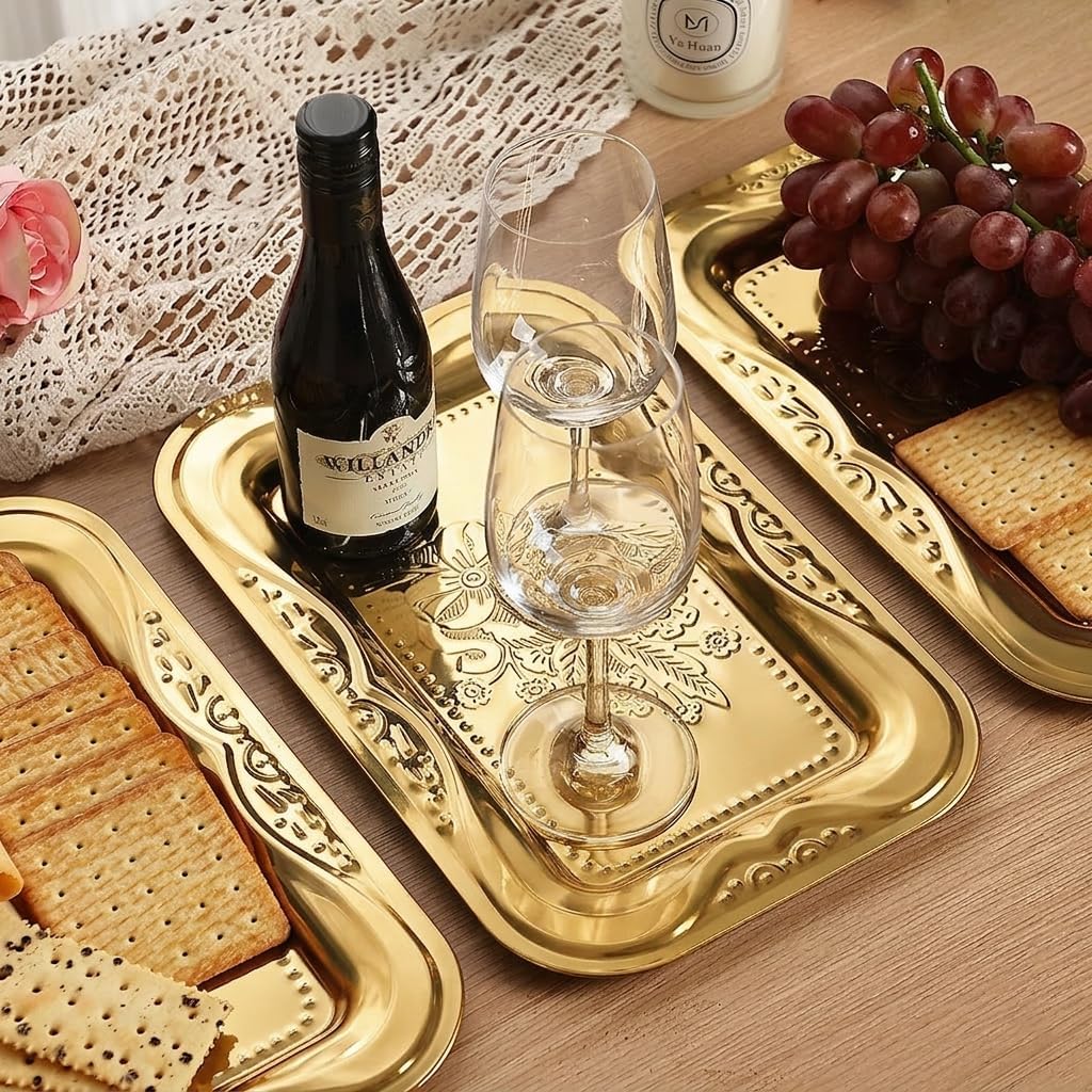 4-Pack Gold Serving Trays Set - ZENOVLUX Lightweight Bow Floral Engraved Mirror Decorative Tray, 13.8" x 8.7" Party Platters for Easter, Food, Appetizer, Charcuterie, Cookies, Desserts