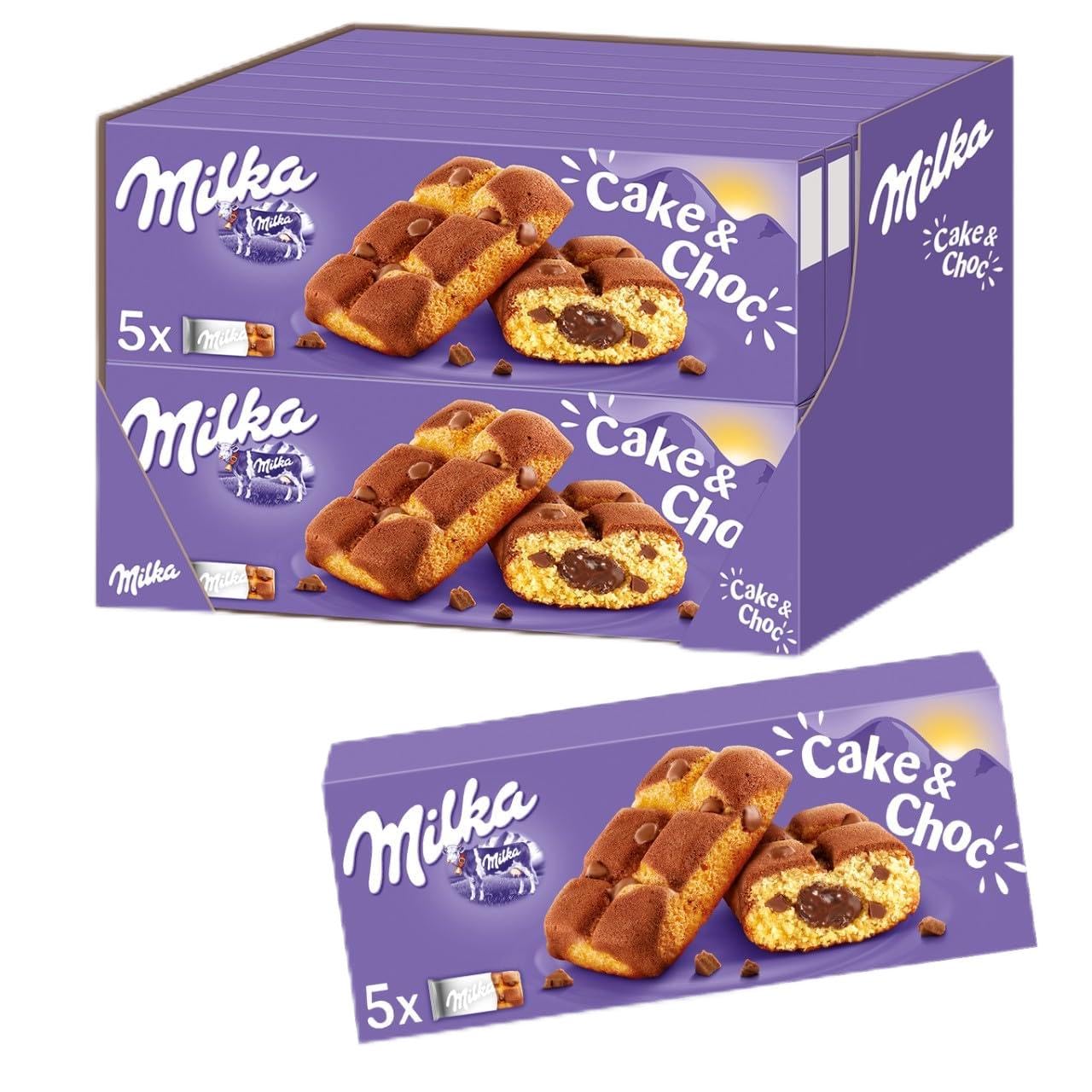 Milka Biscuit Cake, Soft Sponge with Chocolate Chip and Milk Chocolate Filling, 175g (Pack of 16 Boxes)