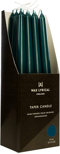 WAX LYRICAL Unscented 25 cm Tapered Dinner Candle Teal Ocean, Box of 12, Blue, 25cm