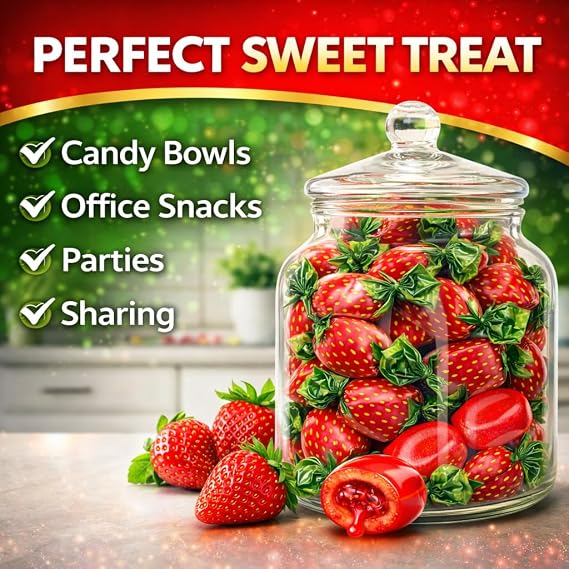 Strawberry Filled Hard Candy | 1 LB Value Bag |,Individually Wrapped Strawberry Candy with Juicy Center, Sweet Fruity Hard Candy, Perfect for Candy Bowls, Office, Parties & Sharing