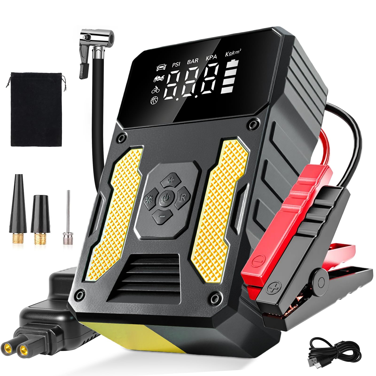 Car Jump Starter Power Pack con Compresor de Aire 6000A Cargador de BaterÃa Portátil Jump Box Jumper Power Pack Banco de EnergÃa de Arranque de Emergencia con Linterna LED y Pantalla LED (Amarillo)