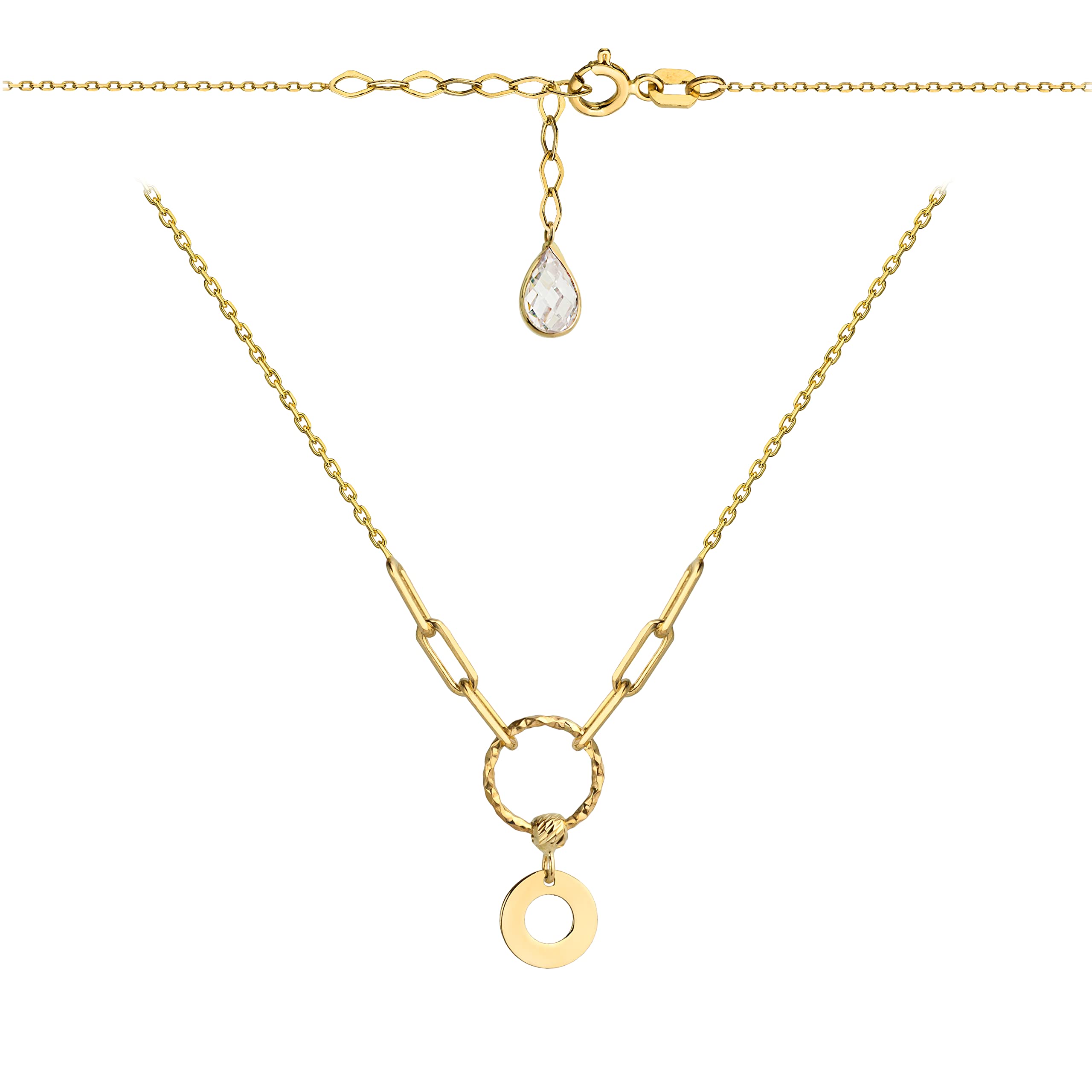 Goldene Damen Halskette 585 14k Gold Gelbgold Kette mit Anhänger Kreis Kugel Zirkonia Gravur