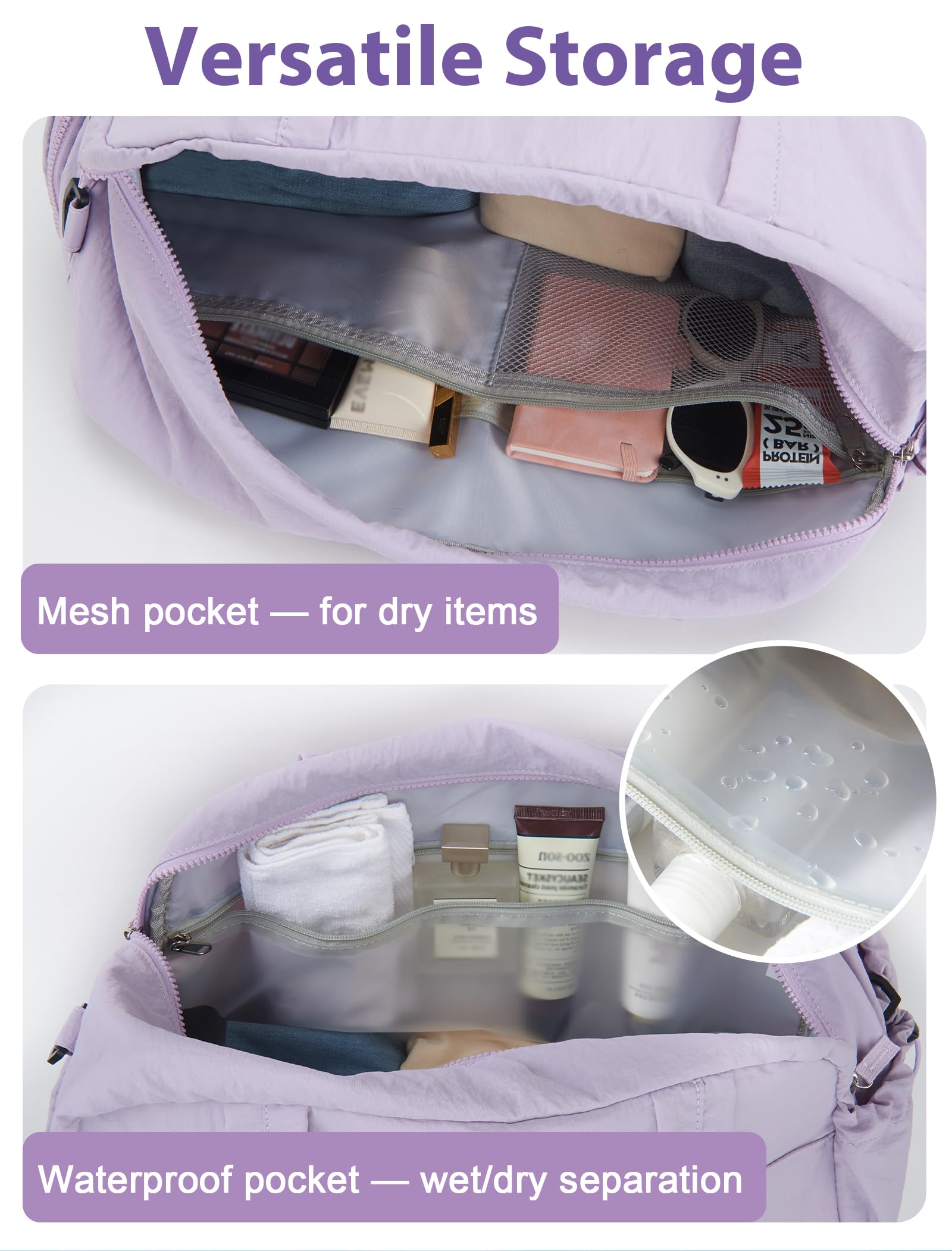 Borsone Palestra per Donna Uomo 25L 42×30×20 cm, Borsa da Viaggio Pieghevole con Scomparto Scarpe Idrorepellente, Tasca Bagnato/Asciutto, Duffle Bag Ideale per Piscina, Parto e Ospedale Viola