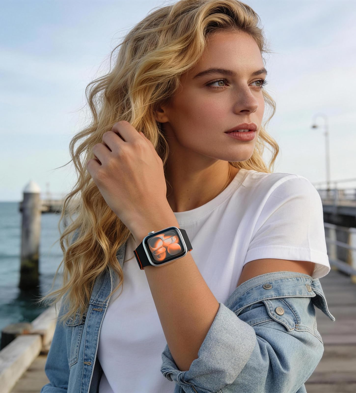 Nereides Compatible with Apple Watch Straps 42mm 41mm 40mm 38mm, Soft Magnetic Silicone Replacement Band for iWatch Series 11 10 9 8 7 6 5 4 SE SE2 SE3 3 2 1 (Black+Orange) — view 7