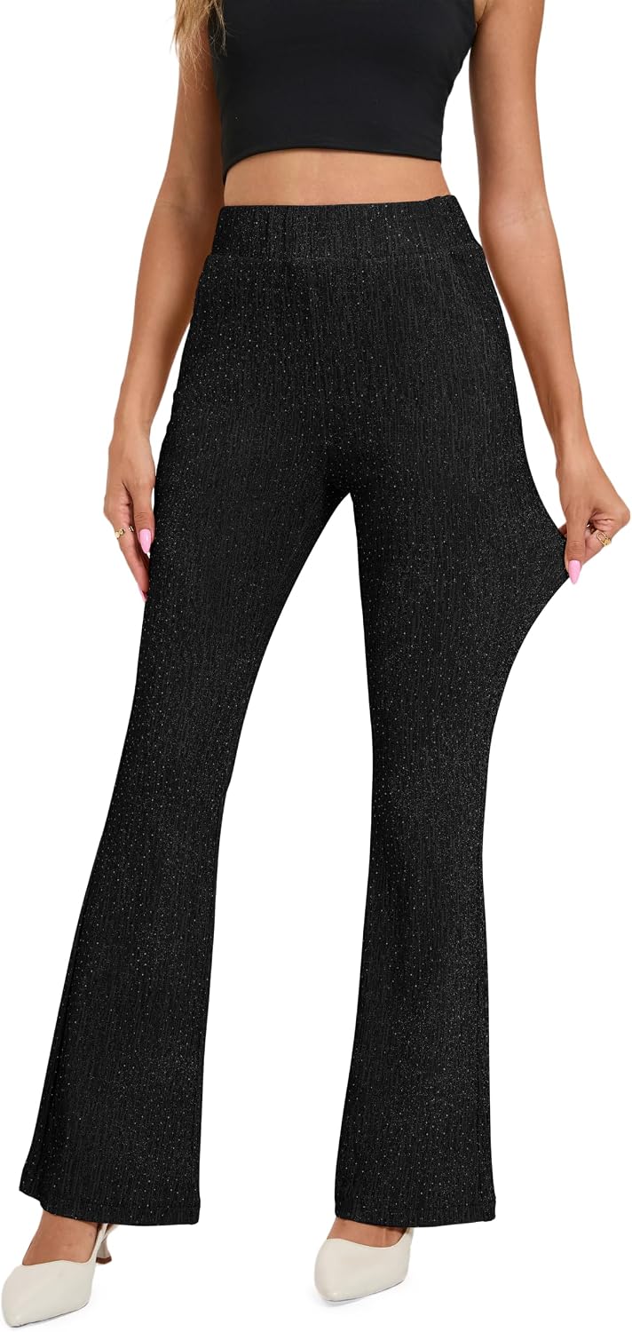 KICZOY Womens Sparkly Rhinestone Flare Pants Glitter Party Bootcut Trousers | Lightweight Stretch Sequin Bell Bottom Pants for Women,High Waist Night Out Clubwear Disco Pants,Dressy Shiny Flared Leggings