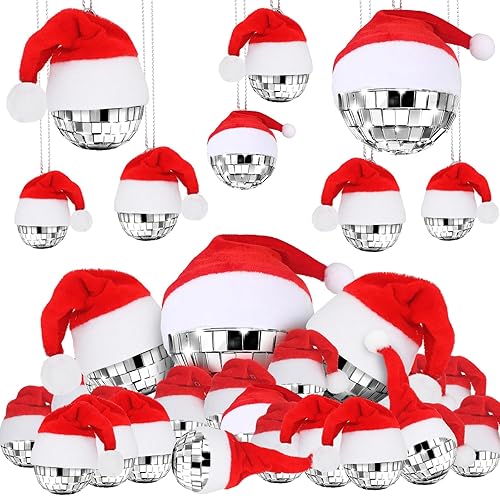 Ferraycle 24 bolas de discoteca plateadas de Navidad con sombrero de Papá Noel, esferas de espejo reflectantes de diferentes tamaños, decoraciones