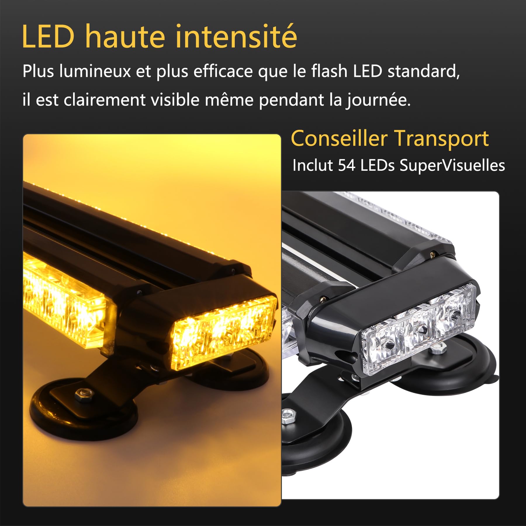 Barre Gyrophare LED Orange 67cm 12/24V, 54 LED, 7 Modes | Rampe à fixation magnétique 16 aimants, IP67 étanche, idéale sous pluie, neige et brouillard, voitures et dépanneuses
