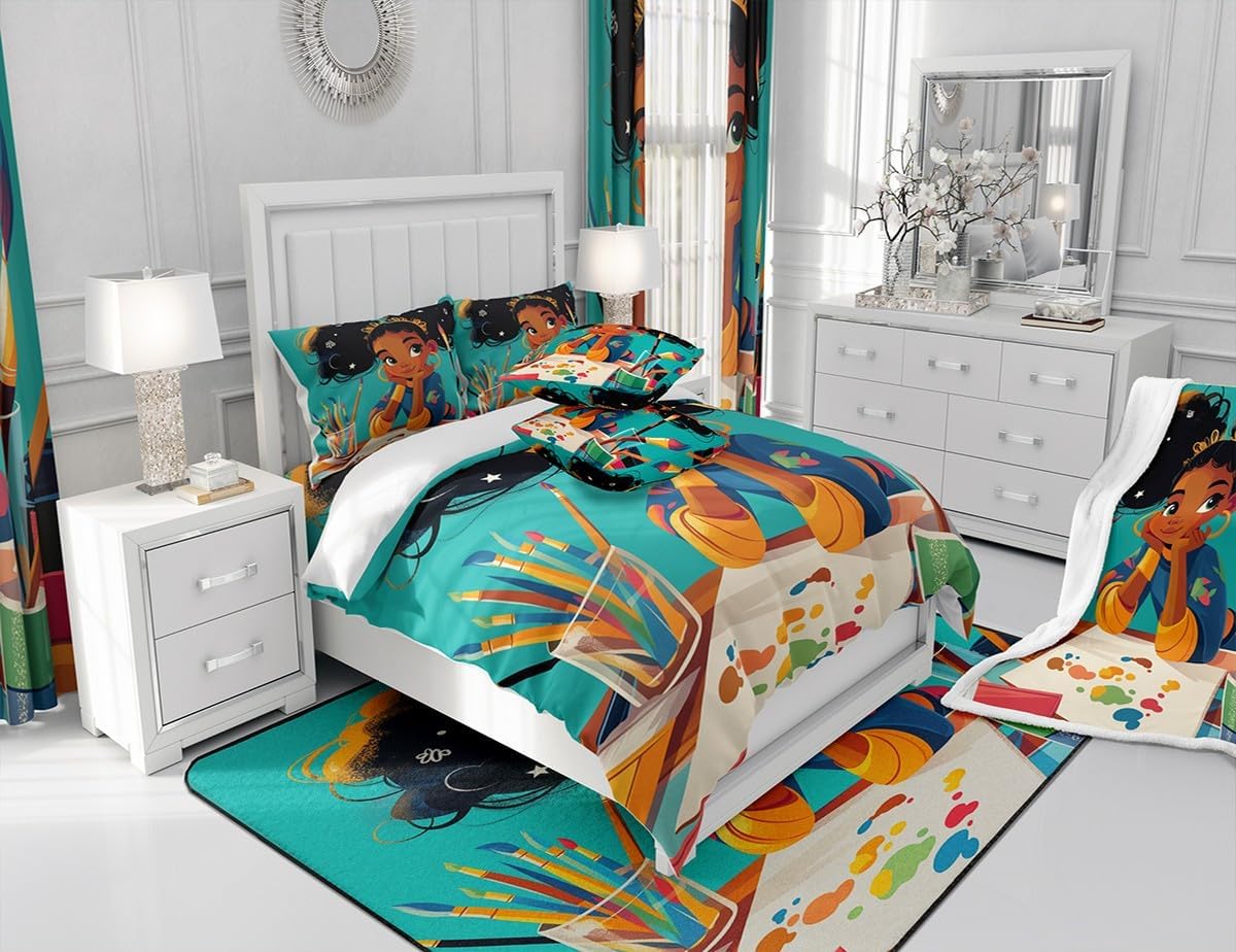 Feelyou Cute Afro Twin Size Black Girl Comforter Set for Kids & Teens - 2Pcs Afro Art Duvet & Quilt Set