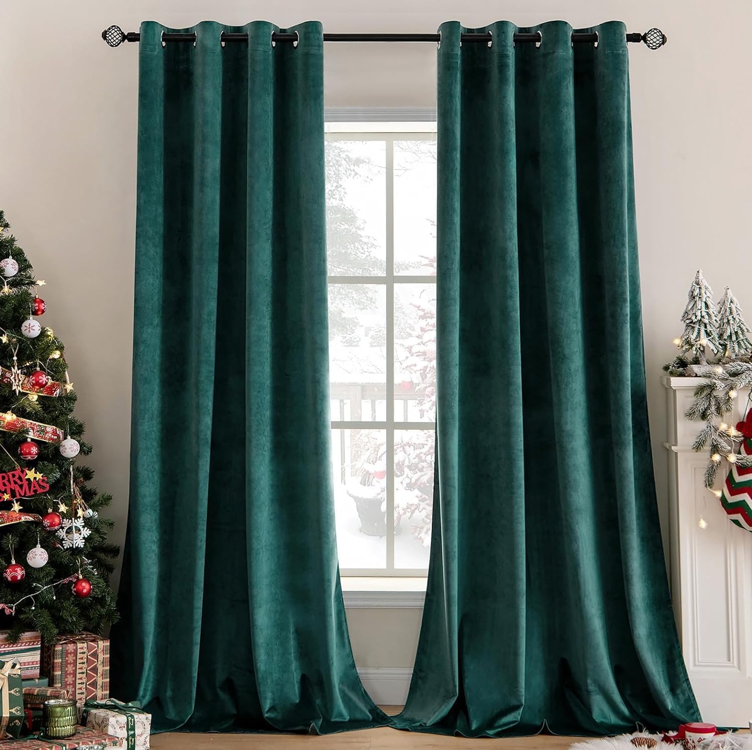 MYRU 1 Pair Nordic Velvet Curtains Eyelet Dark Green Luxury Blackout
