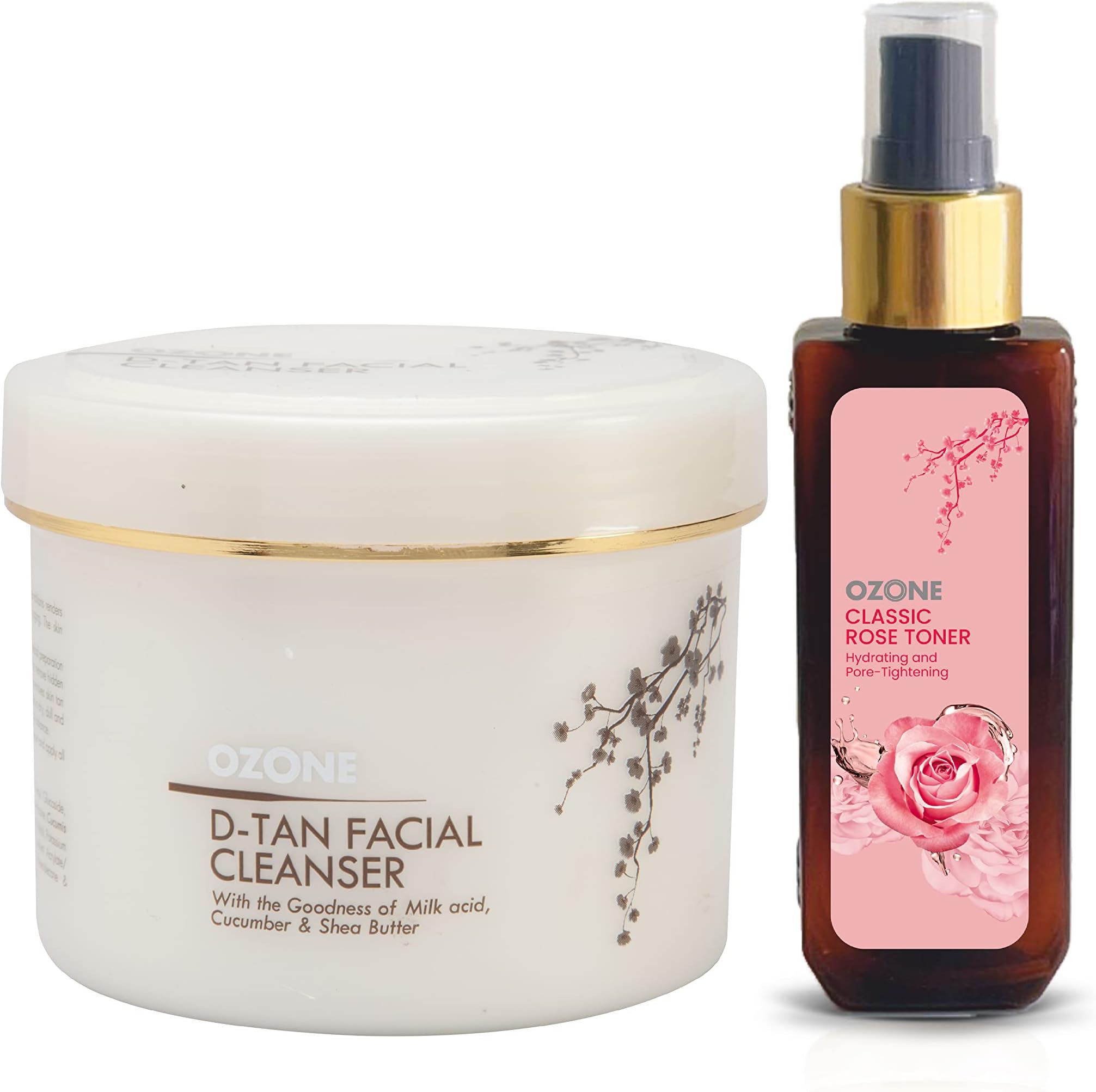 OZONE D Tan Facial Cleanser 250 GM Arbutin Cucumber Shea Butter Lemon Grass Lactic Acid with Classic Rose Toner 100 ML - Combo