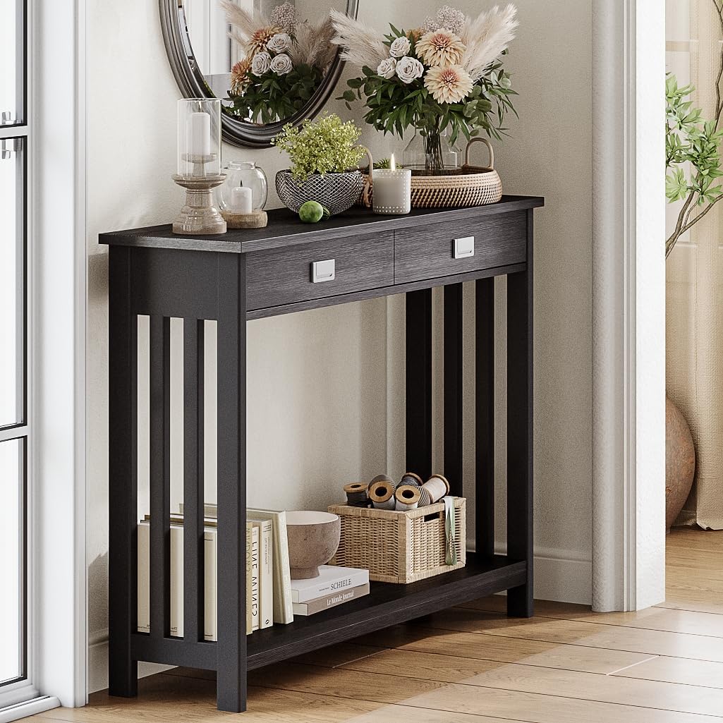 Mesa de entrada negra con cajón, mesa consola estrecha, mesa de sofá con estante de almacenamiento para entrada, sala de estar y pasillo 2