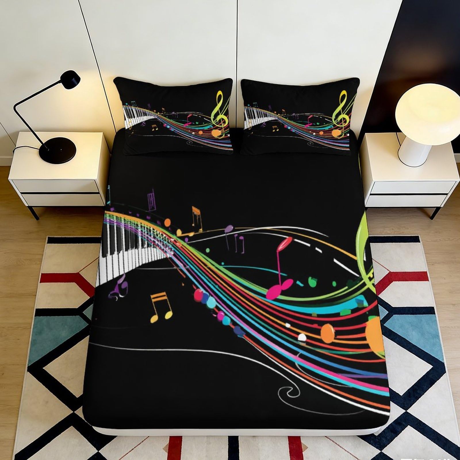 3D Printed Musical Notes Fitted Sheet Microfiber Soft Breathable Colorful Music Bed Cover for Bedroom Dormitory Guest Room Mattress Protection 160x200x25cm