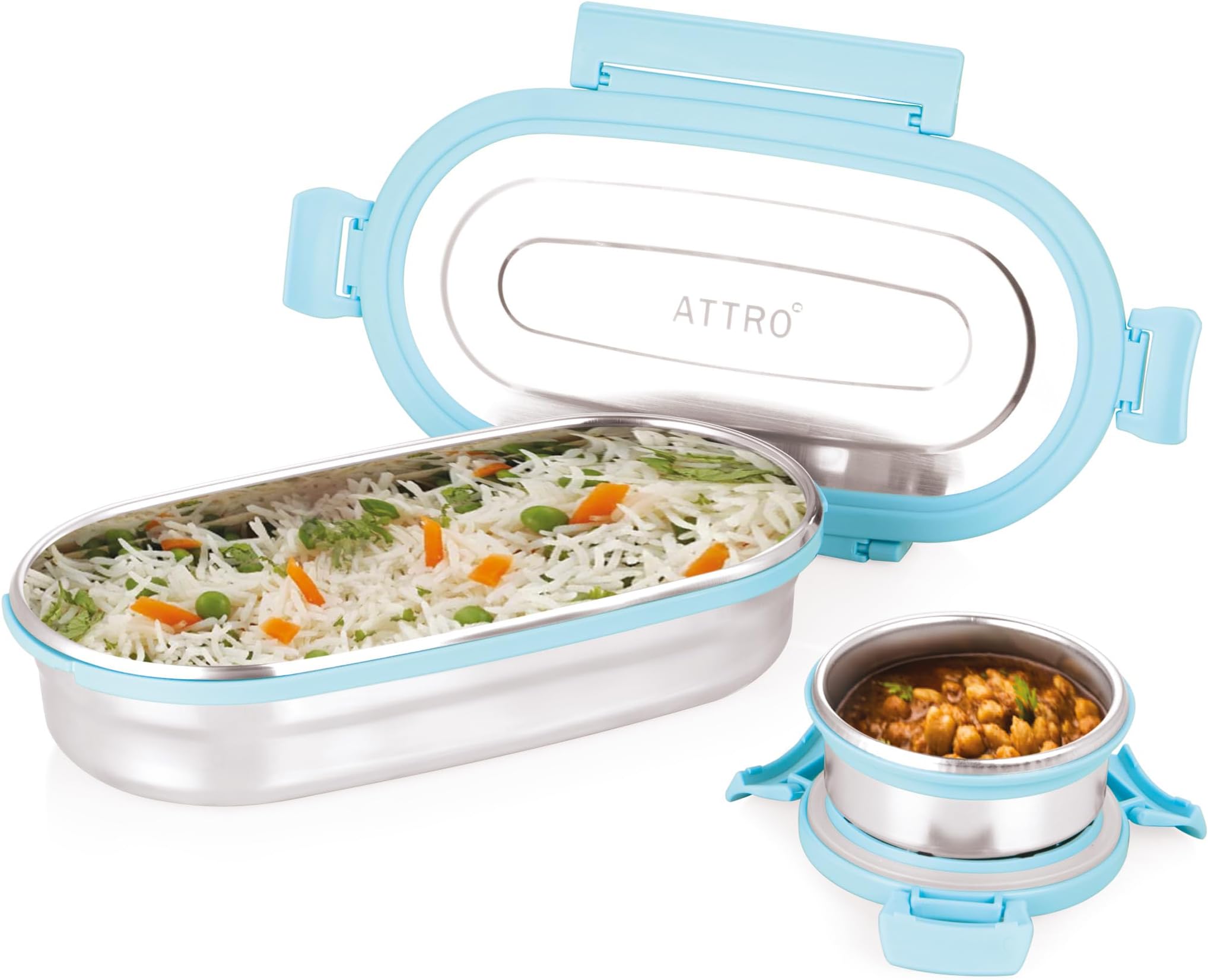 AttroOval Stainless Steel Lunch Box with 1 Small Box Compact Design Airtight Leak Proof Lunch Box for Office, School, Picnic-650ml+100ml Blue