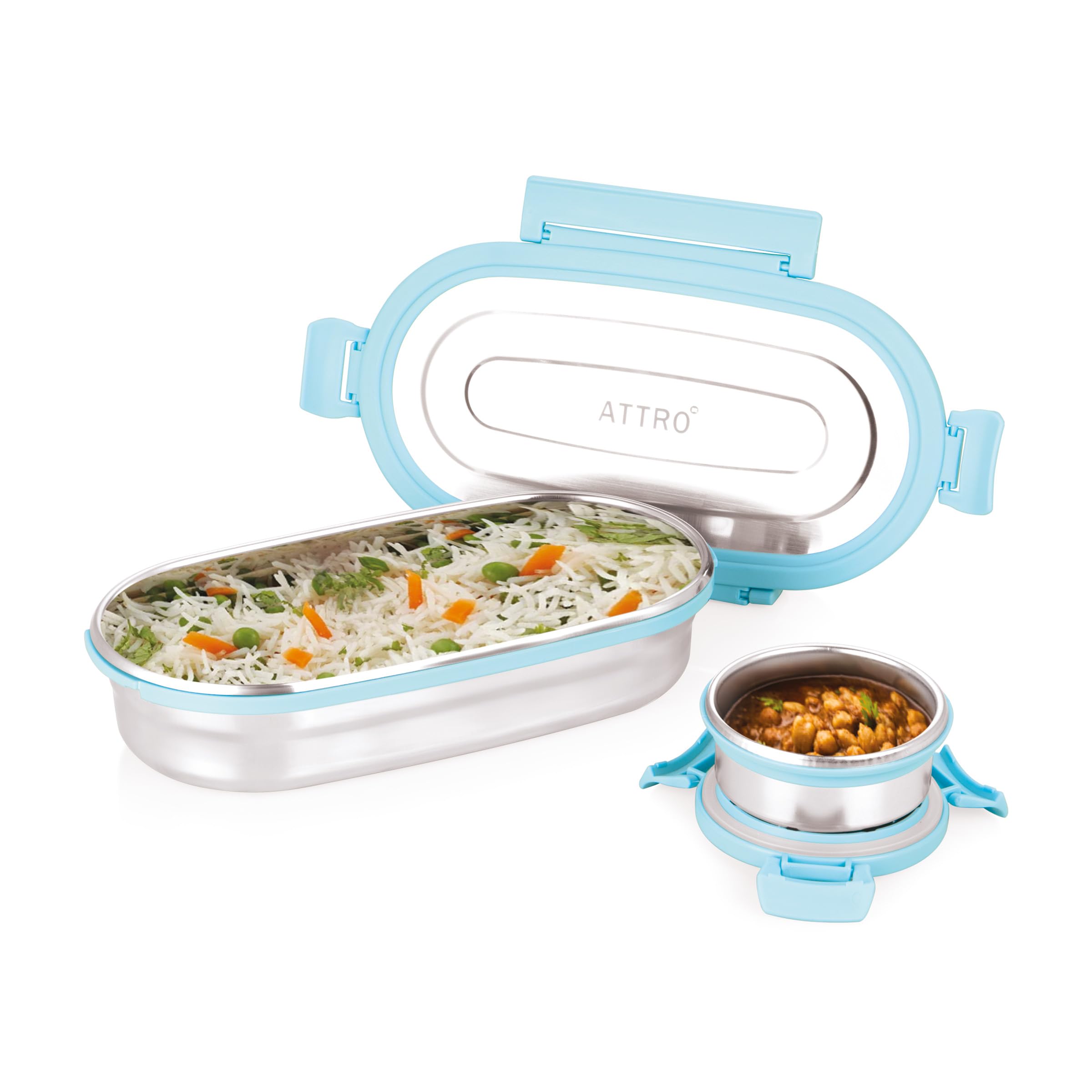 AttroOval Stainless Steel Lunch Box with 1 Small Box Compact Design Airtight Leak Proof Lunch Box for Office, School, Picnic-650ml+100ml Blue