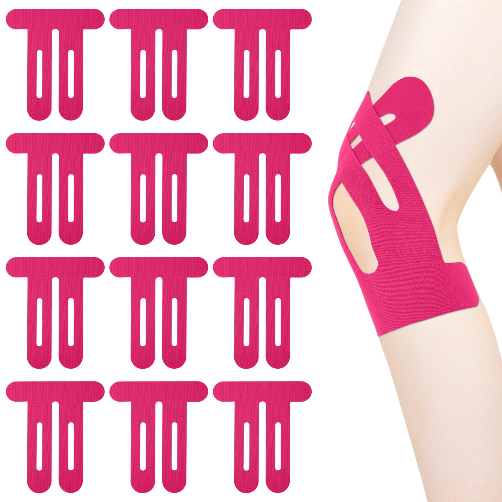 12pcs Precut Kinesiology Tape for Knees, Breathable & Waterproof Knee Support Tape Strips Latex-Free Elastic Athletic Stickers for Knee Comfort, Stability & Muscle Support Patches (Pink)