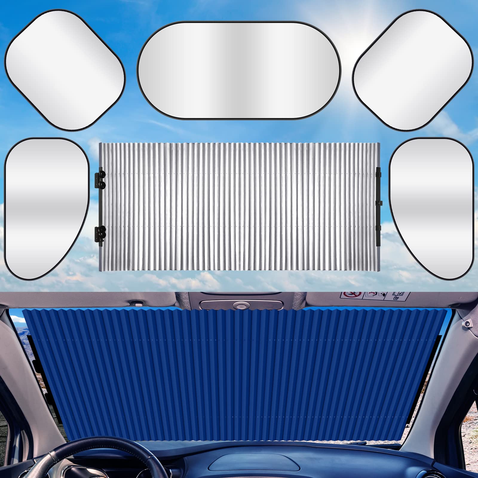 Photo 1 of 6 Pcs 63 x 25.6'' Retractable Windshield Sun Shade Large Cordless Cellular Sun Visor Protector Side Auto Window Sunshades Protection Rear Window Sunshade Blocks from UV Heat