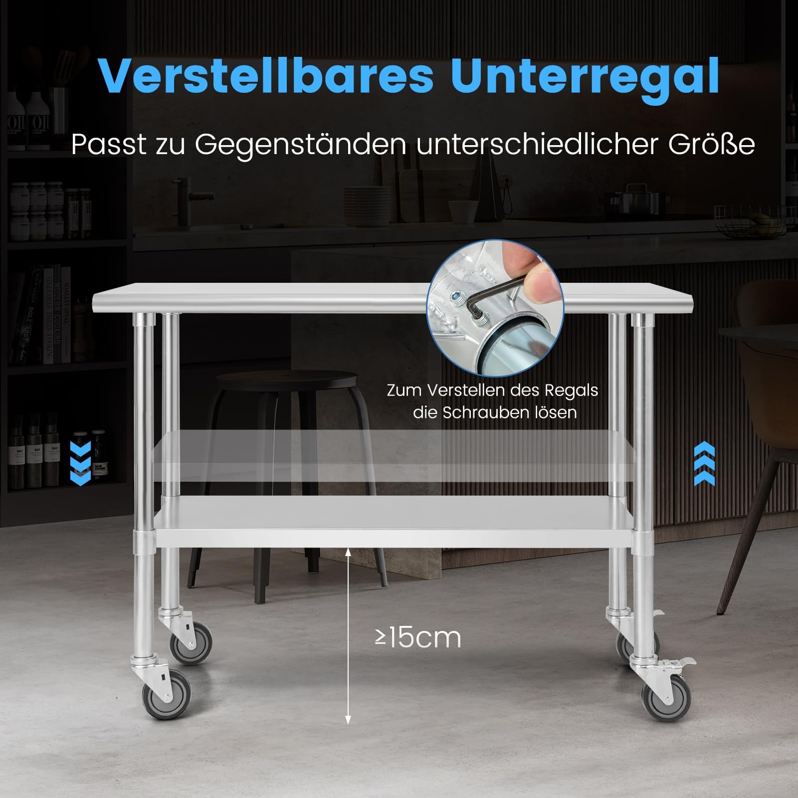 COSTWAY Arbeitstisch Edelstahl, Küchentisch Edelstahltisch mit Höhenverstellbarer Ablage, Zubereitungstisch mit abschließbaren Rollen, Ablagetisch für Küche Restaurant, Silber