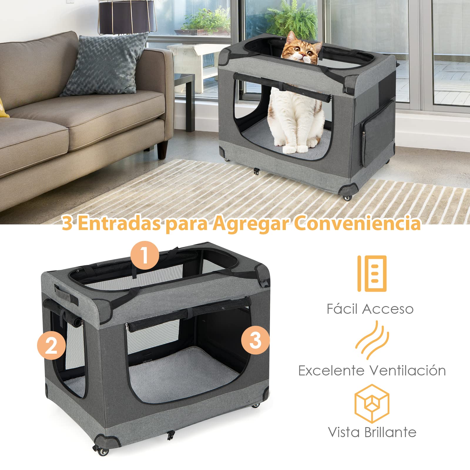 COSTWAY Transportín con Ruedas para Mascotas, Caseta Plegable con Correa para el Hombro, Cojín Extraíble, Bolsa de Almacenamiento, 3 Entradas, Transportador de Mascotas, Gris, 82 x 59 x 67 cm
