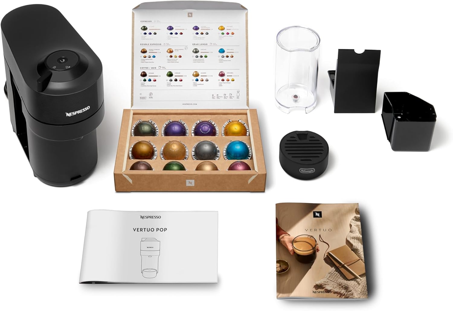 Nespresso Vertuo Pop+ brewing coffee into a glass mug