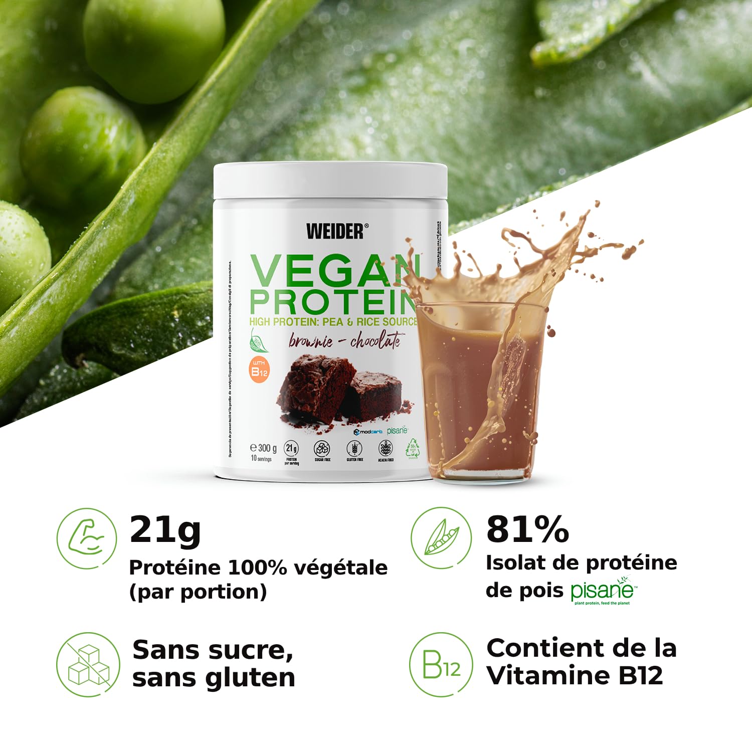 Weider Vegan Protein PACK DUO (2x300g) Goût Vanille et Chocolat. Protéines 100% Vegetal d'Isolat Pois & Riz. Avec Vitamine B12 & Stevia. Sans Gluten, Sans Sucre. Emballage 50% Recyclé, 100% Recyclable