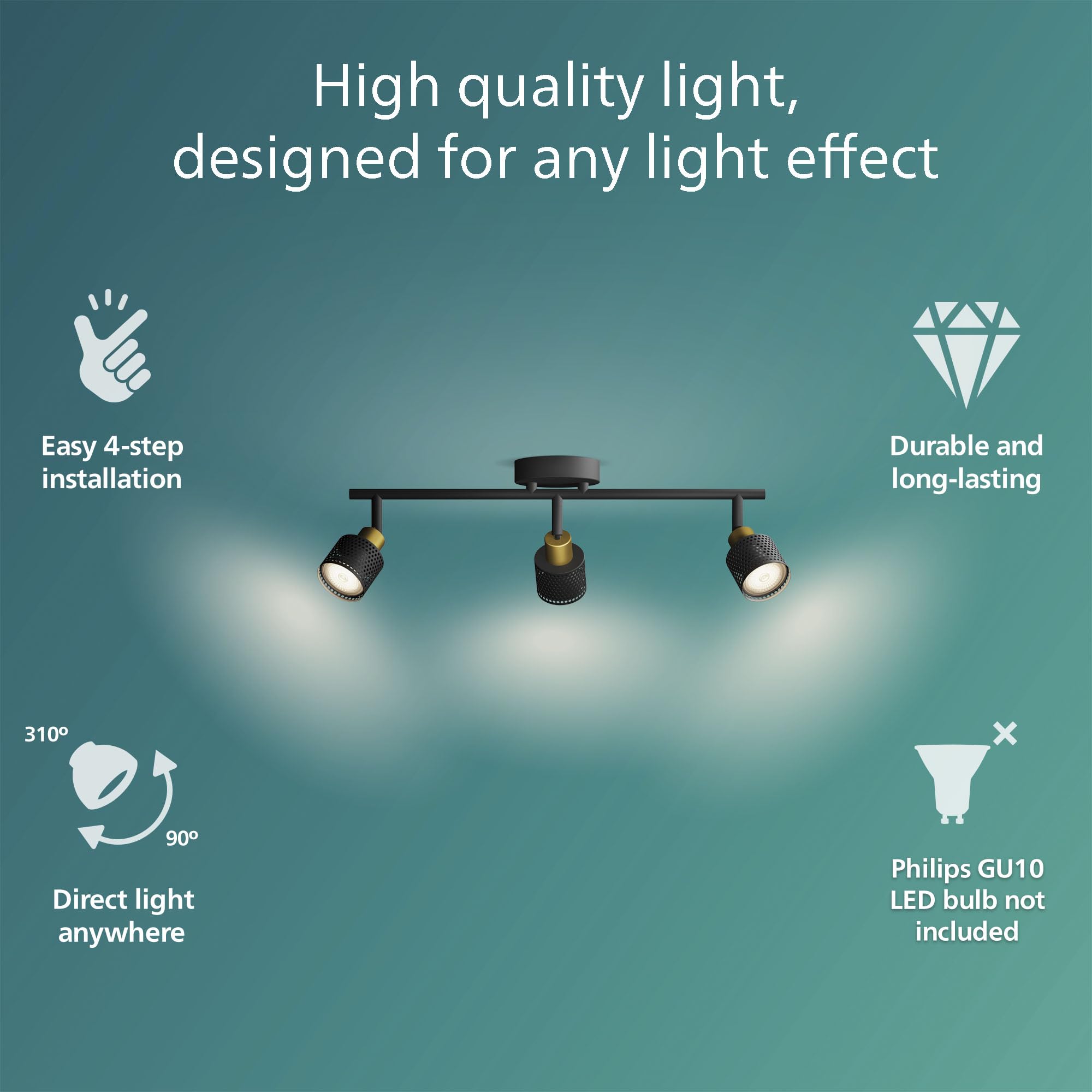 PHILIPS Niall Spot 3-Head,GU10 not Included, Brass, IP20, Black/Gold - Image 2