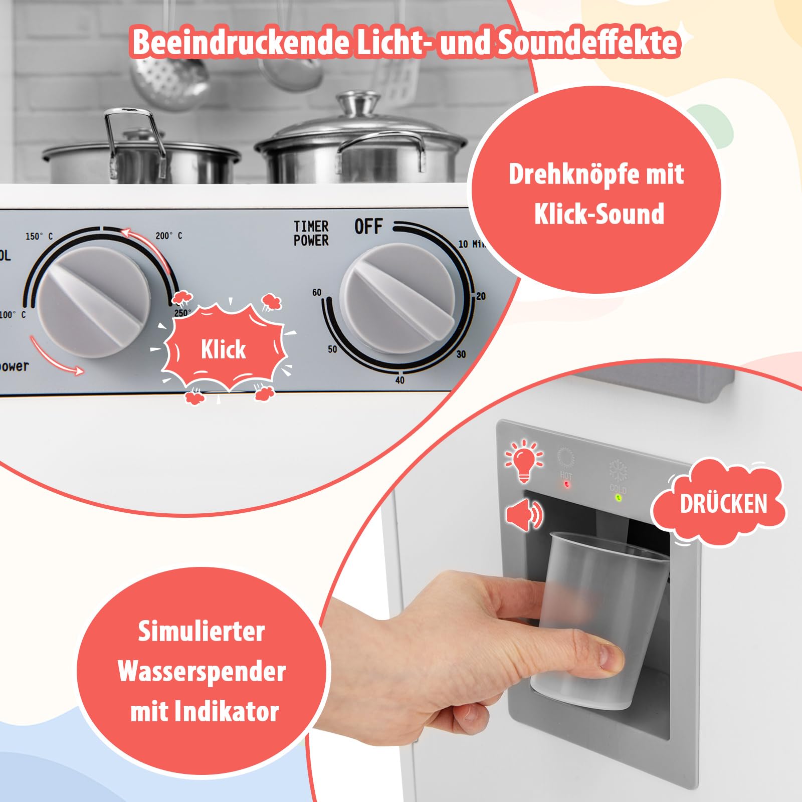 DREAMADE Kinderküche Holz mit Zubehör, Kinder Küche mit Herd Spüle Backofen Waschmaschine, Kinderspielküche Holzküche mit Licht & Sound, Spielküche für Kinder ab 3 Jahren
