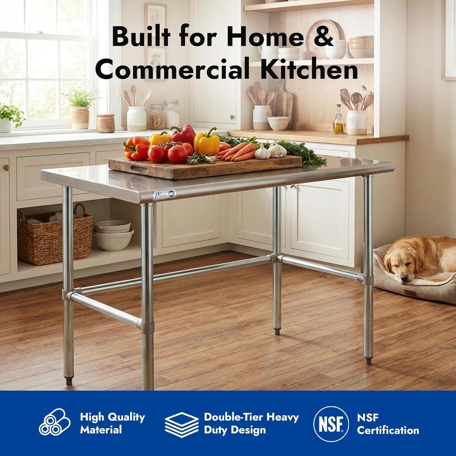 APLSS 304 Stainless Steel Commercial Open Base Work Table with Galvanized Legs, 30" x 48", 18-Gauge, NSF Listed
