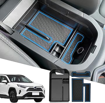 D-Lumina RAV-4 Center Console Organizer - Compatible with 2019 2020 2021 2022 2023 2024 2025 Toyota RAV4 - Armrest Secondary Storage Tray, w/Blue Anti-Dust Mats