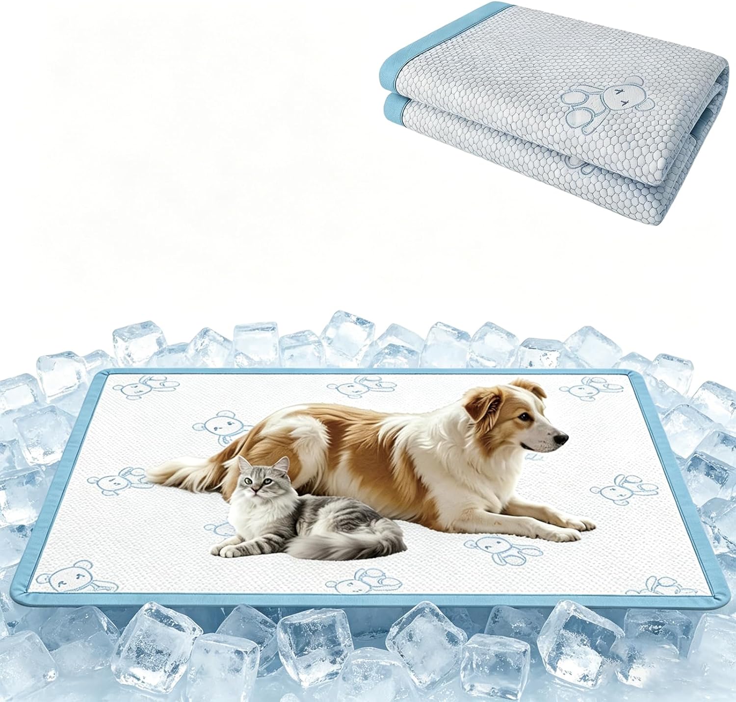 YOFANG 40" x 28" Pet Cooling Mat for Dogs and Cats,Double-Sided Self-Cooling Dog Bed Mat for Large Dogs, All-Season Washable Cool Touch Pad for Crate Kennel Sofa and Car,White/Blue