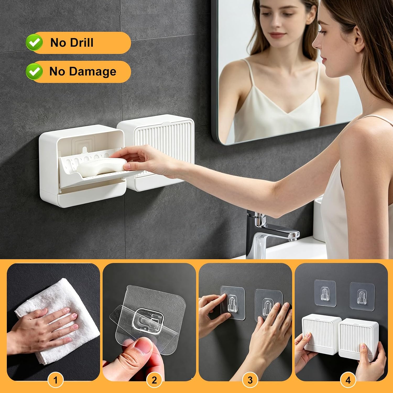 Wall‑Mounted Soap Dish Holder with Self‑Adhesive Wall Hooks, Removable Drain Tray for Draining Water, Keeps Soap Dry, Space Saver for Bathroom Shower Sink Kitchen (1-Pack White-Single Compartment)
