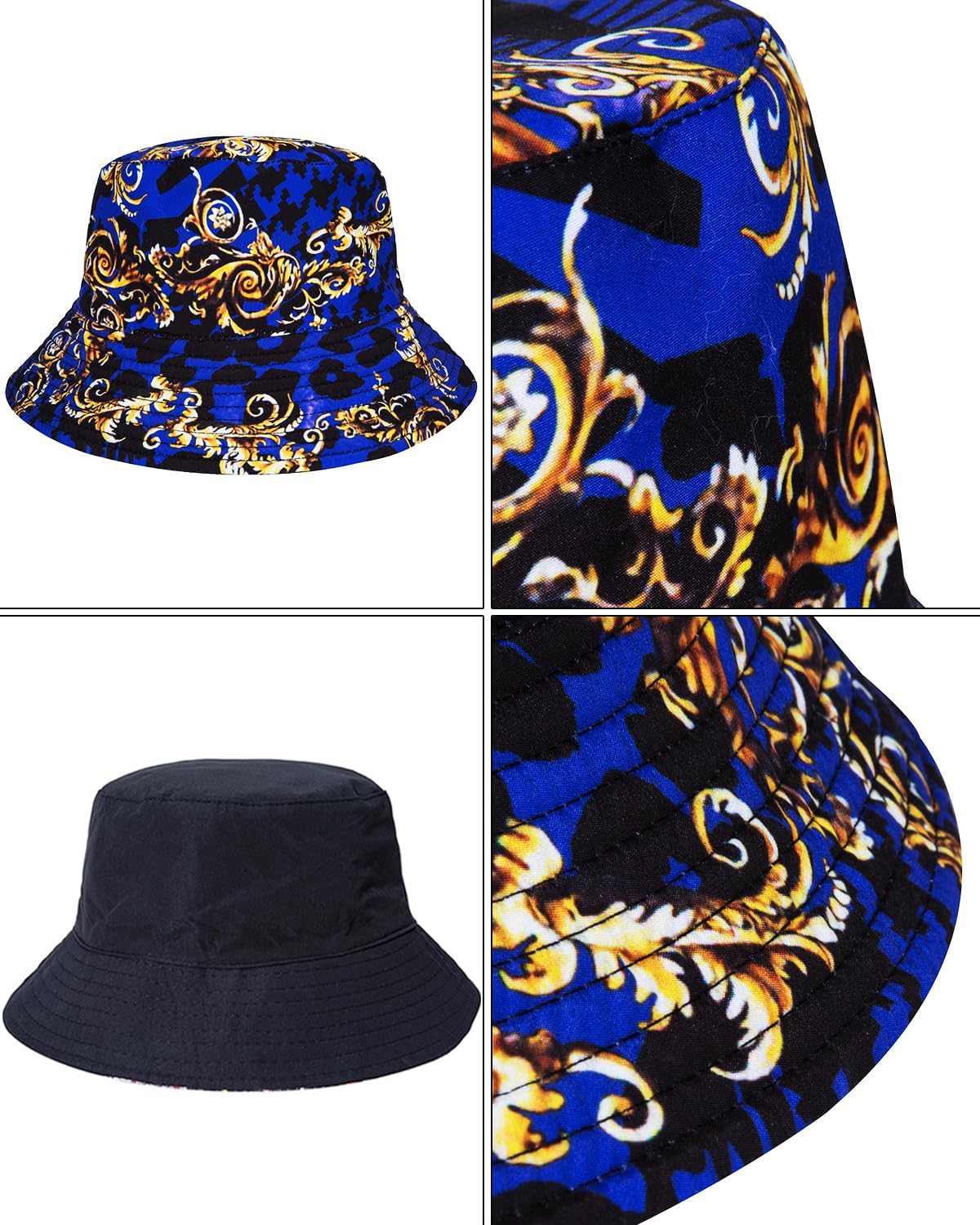 fohemr Mens Luxury Outfit Set Black Gold Shirts And Shorts 2 Piece Tracksuit Set Baroque Button Down Suit with Bucket Hats