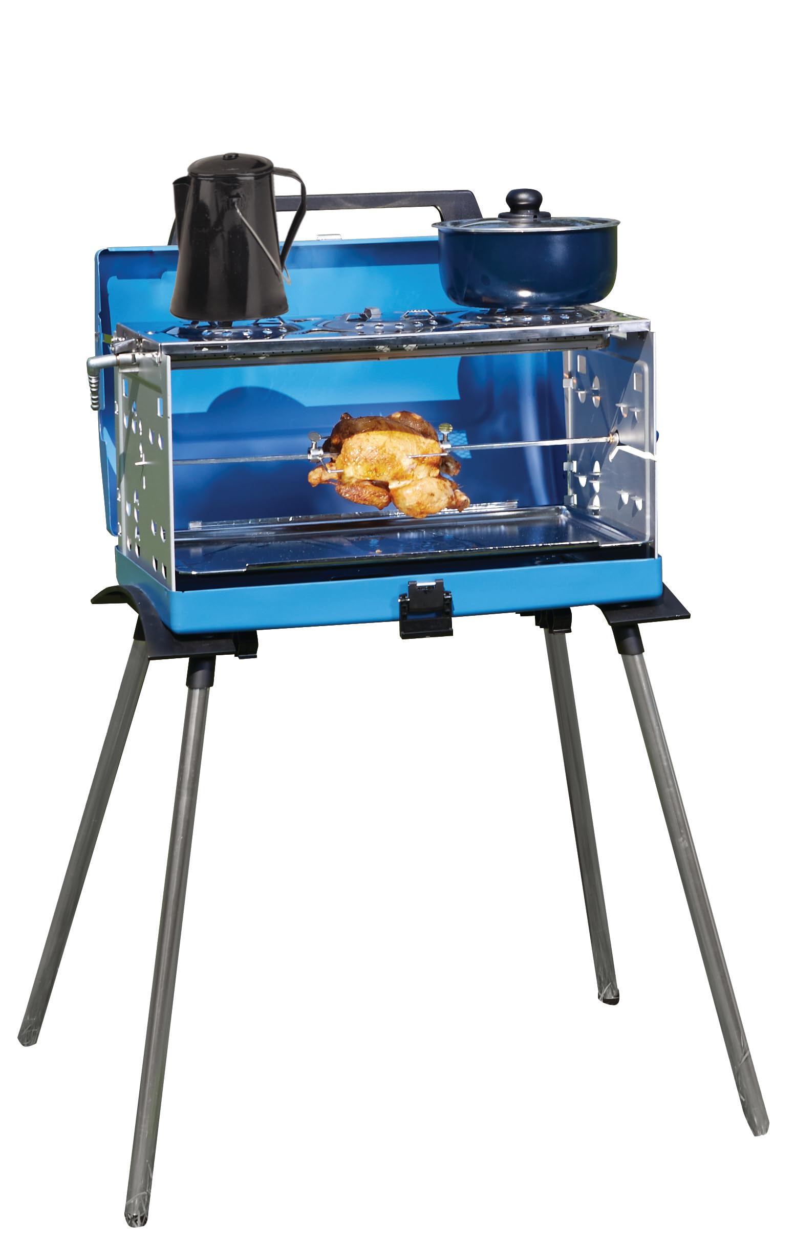Campingaz Camping Grill Pueblo IV 200 SGR, Gasgrill Camping mit abnehmbaren Füßen, tragbarer Grill und 3-fach Kocher in einem Koffergrill, inkl. Drehspieß, 5.200 Watt, 72,5 x 54 x 108 cm