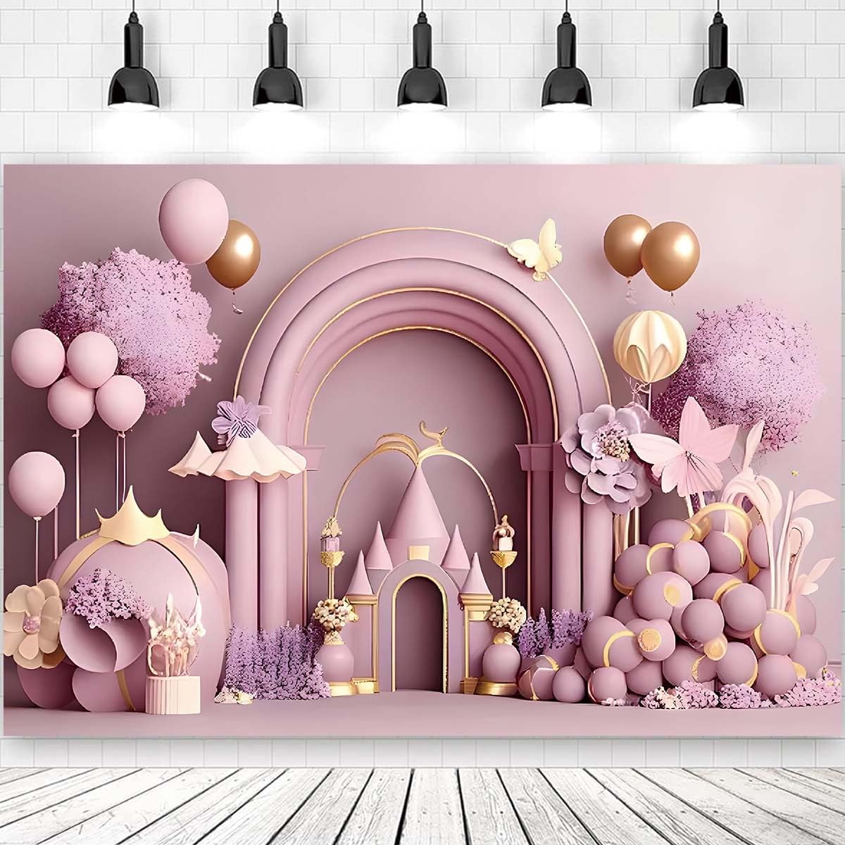 Girls Birthday Party Photography Background Arch Balloon Flower Castle Cake Crush Kids Portrait Photo Backdrop Fairy Tale Girl Birthday Party