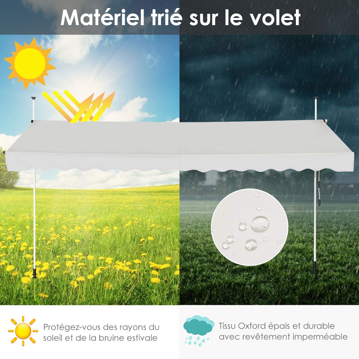 RELAX4LIFE Store Banne Manuel sans Perçage, Auvent Balcon Rétractable avec Manivelle, Tissu Oxford Anti-UV Imperméable, Hauteur Réglable 2-3 M, Store Banne pour Porte Fenêtre (Beige, 400 X 125 cm)