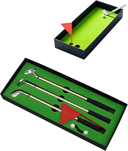 MAGIKON Juego de regalo de mini juegos de escritorio de golf con bandera verde, 3 bolígrafos de golf y 2 pelotas para golfistas, compañeros de