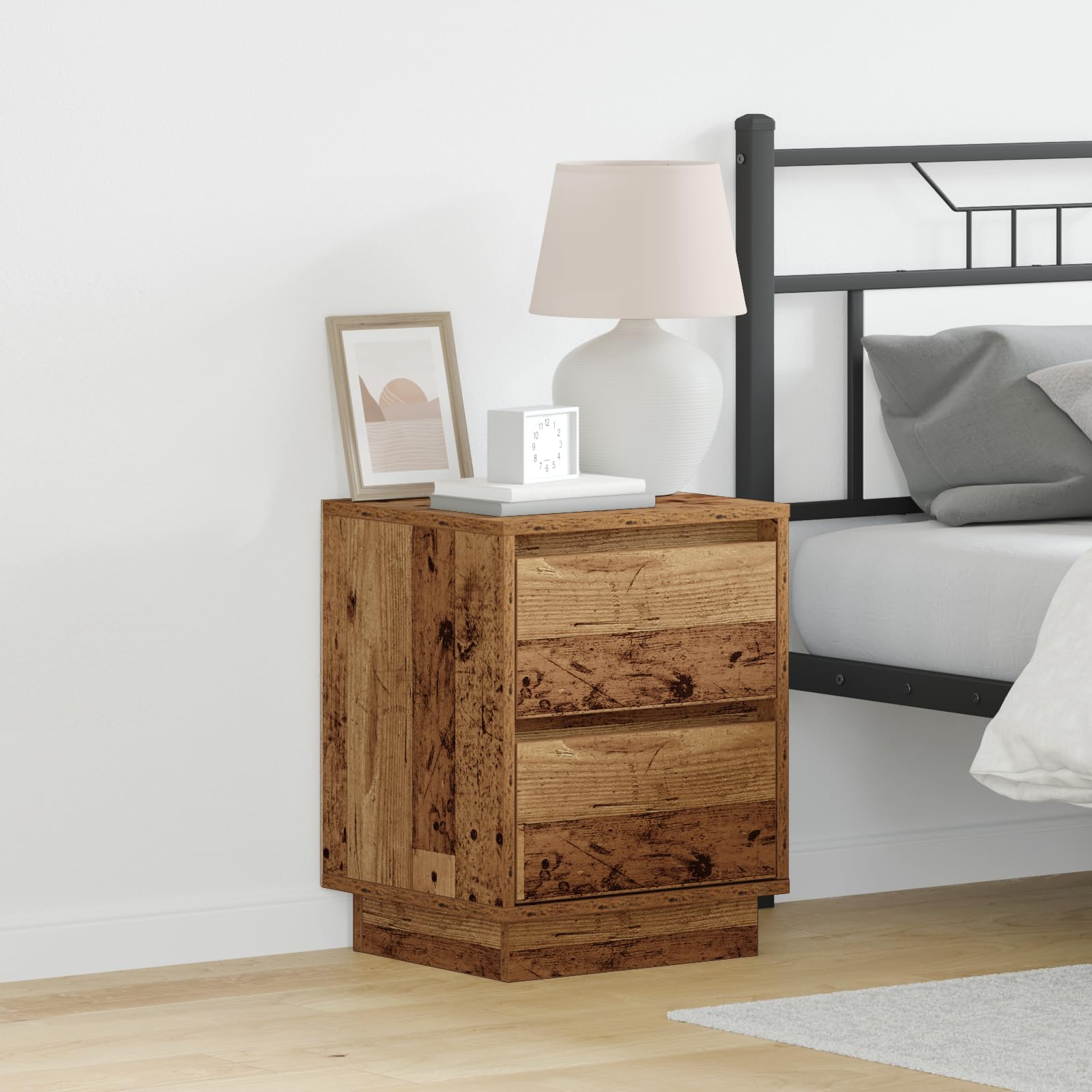 Rustikaler Nachttisch mit LED-Beleuchtung und zwei Schubladen, Massivholz-Konstruktion für Stauraum, Einfache Montage, Landhausstil Schlafzimmer Beistelltisch