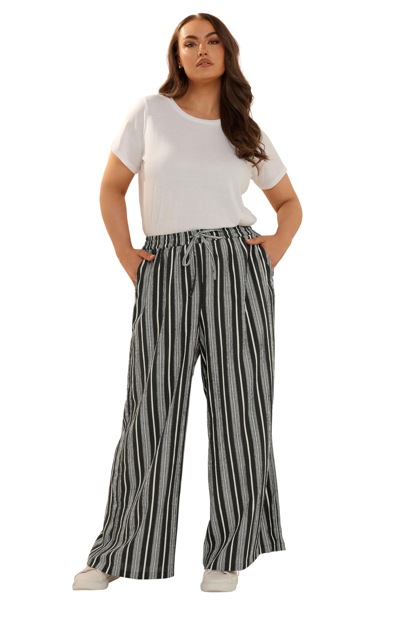 Yours Women's Black Curve Stripe Textured Wide Leg Trousers - Plus Curve 30-32 Plus