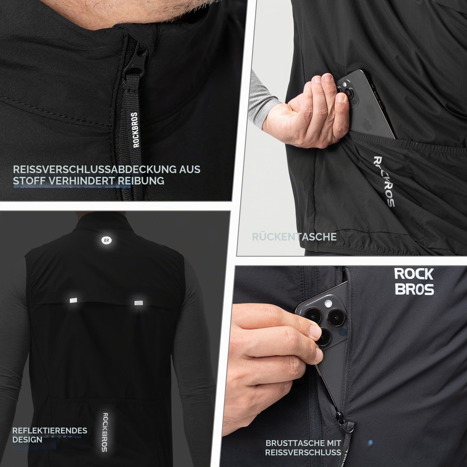 ROCKBROS Fahrradweste Herren, Ultraleichte 3M Thermo Isolierung Windweste, Winddicht Atmungsaktives Reflektierend Kompakt ärmellose Radweste, Schwarz M-4XL