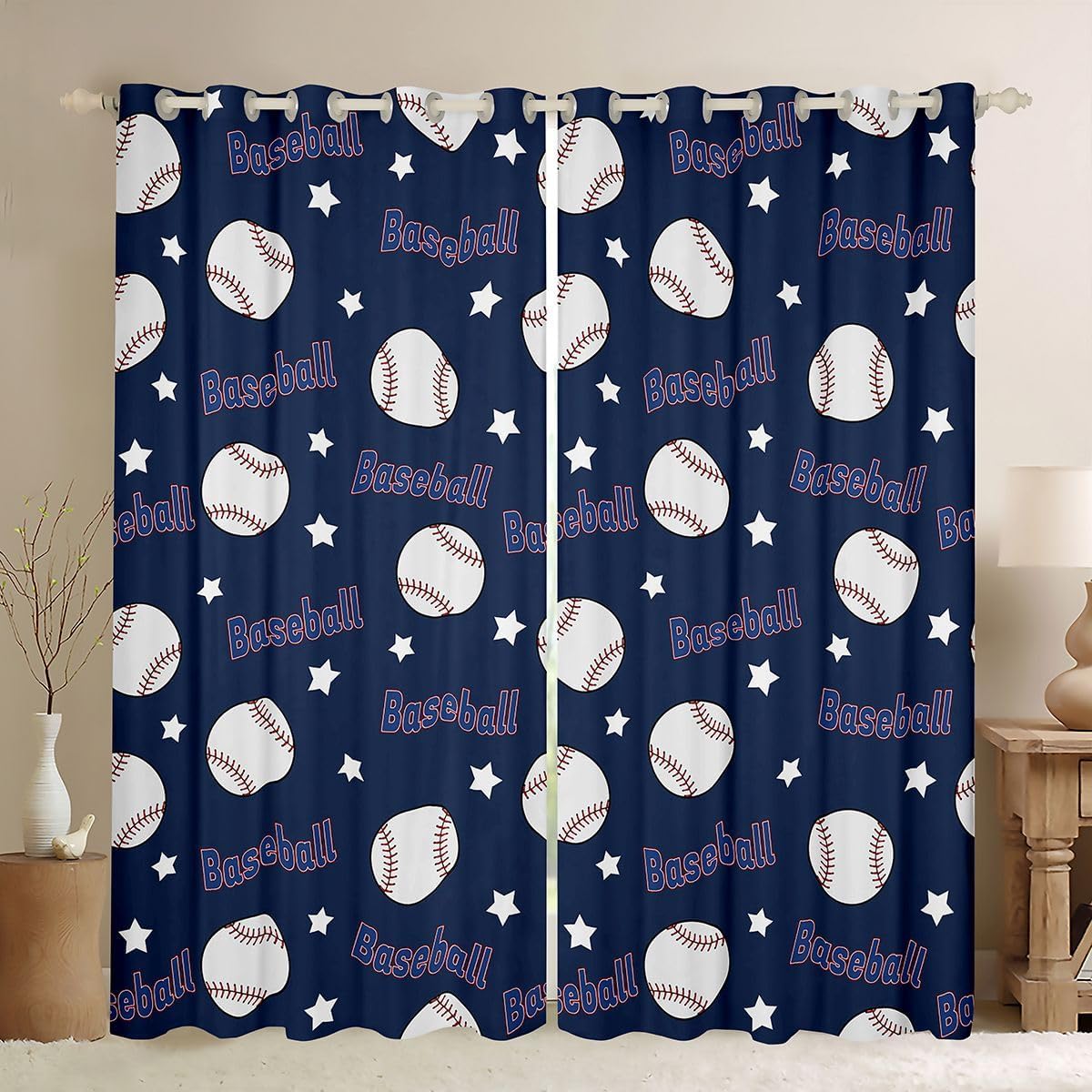 Feelyou Baseball Curtains for Bedroom Living Room Star Print Blackout Darkening Drapes Baseball Gaming Window Treatments, 2 Panels 38 x 45 Inch Gift for Baseball Lover Room Decor