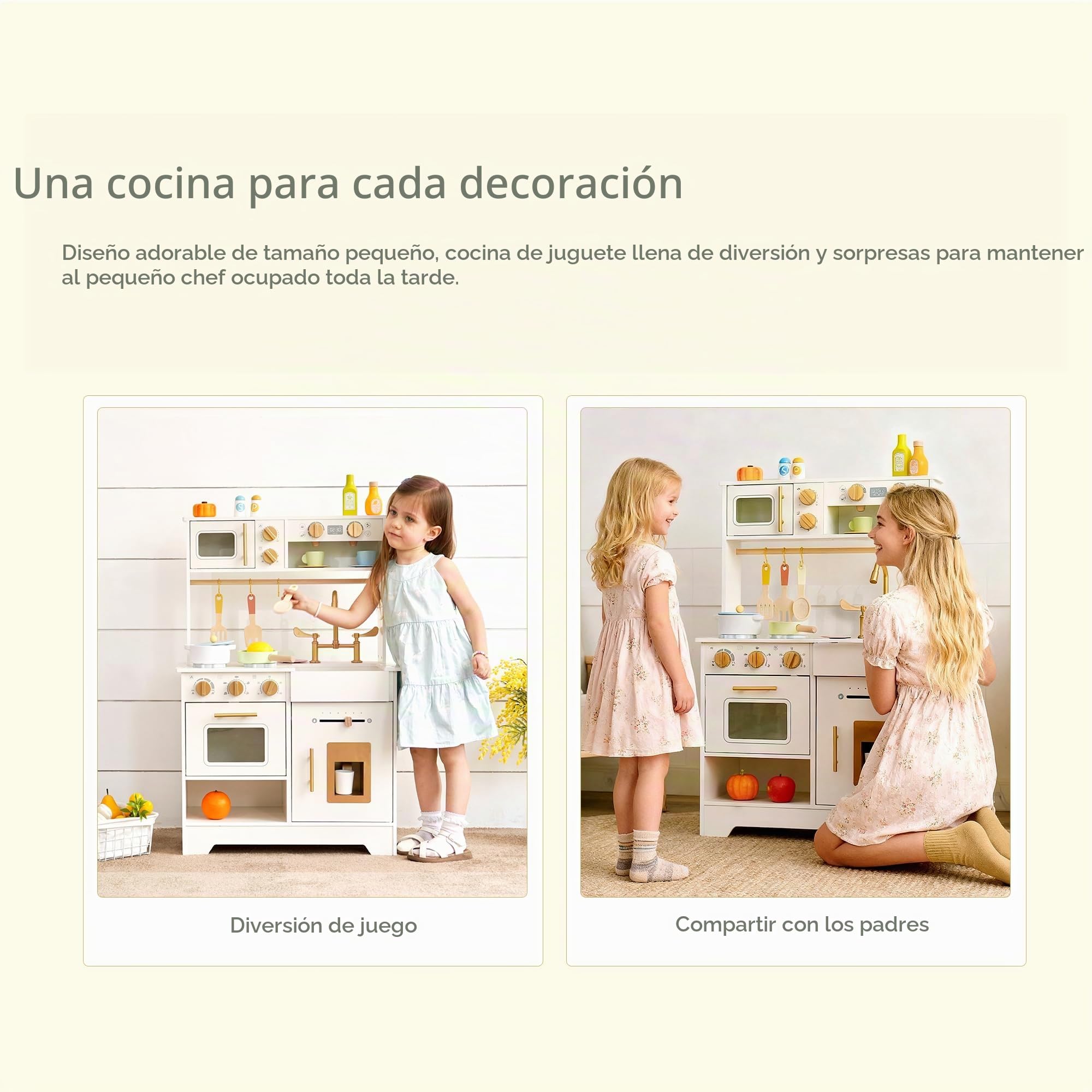 Cocinita de Madera Infantil, Cocina Juguete con Máquina de Hielo, Estufa
