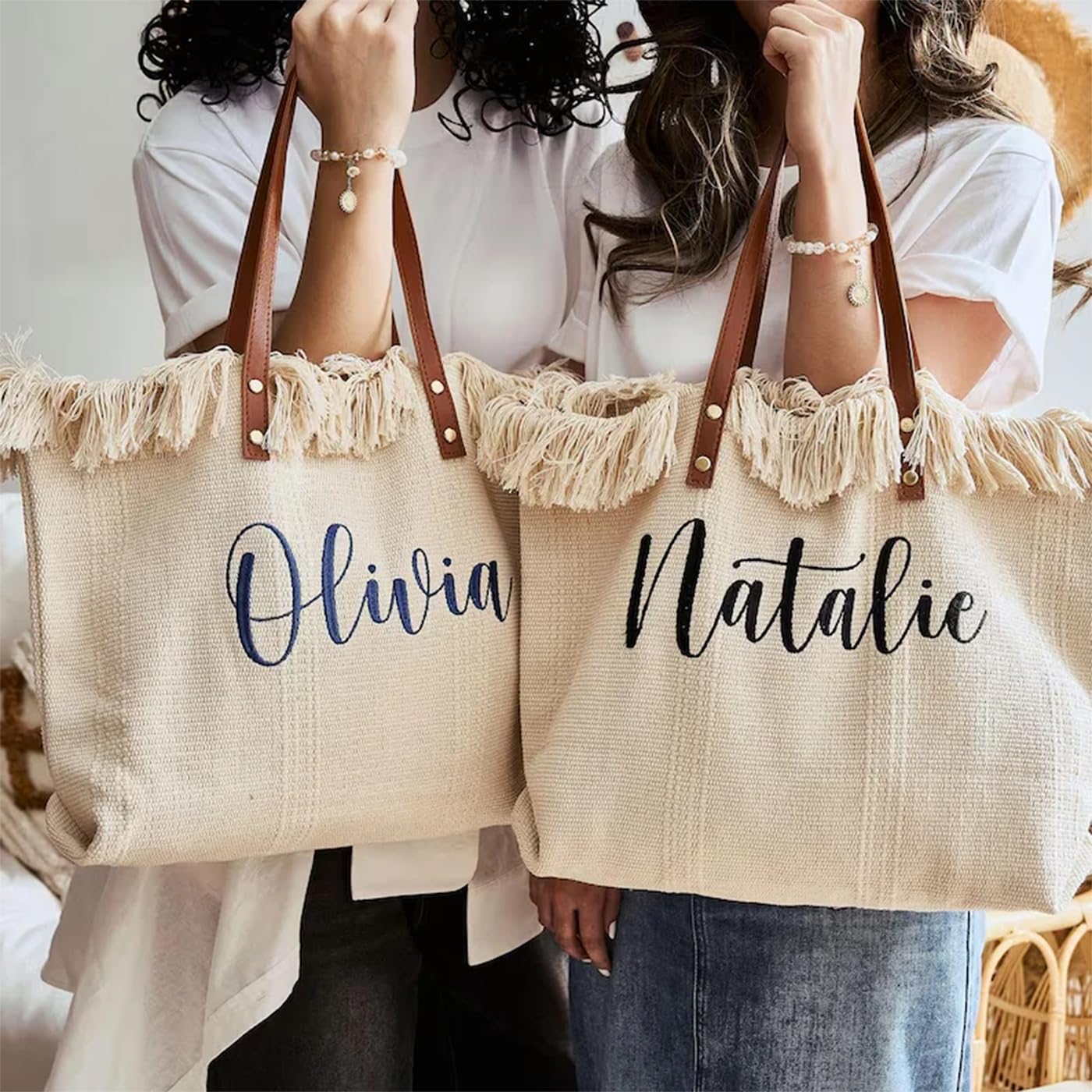 Borsa tote per damigella d'onore con ricamo personalizzato, borse di tela per regali per feste nuziali, frange boho e borse da spiaggia per spose, regalo di viaggio per ragazze