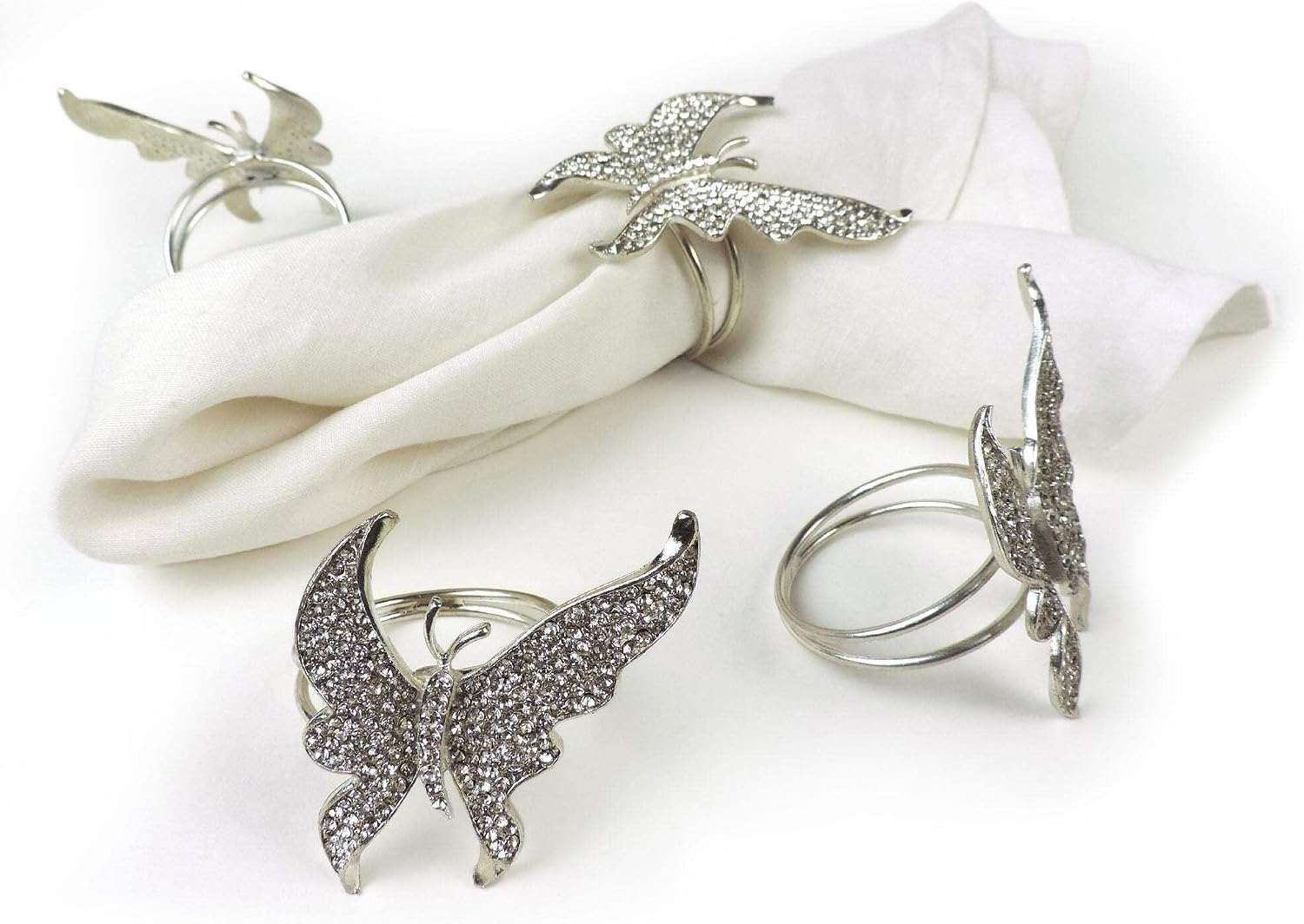 Set of 4 Jeweled Napkin Rings, Butterfly Napkin Holders, Luxe Tabletop, Family | Wedding Thanksgiving Dining Table Décor - Silver