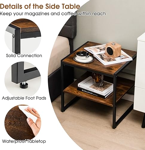 Miniatura 6 de Tangkula Juego de 2 mesas auxiliares de 2 niveles con parte superior de madera con marco mental, mesitas de noche industriales, mesita de noche,